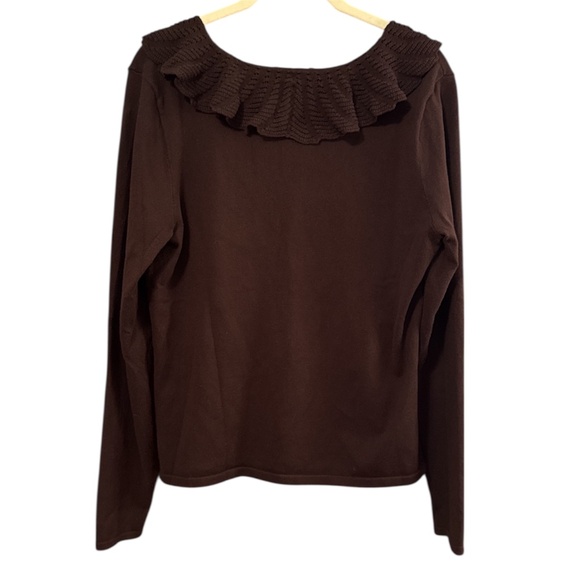 Chaps Women’s Large Chocolate Brown Pullover Sweater V-Neck Ruffle Collar - Picture 3 of 3
